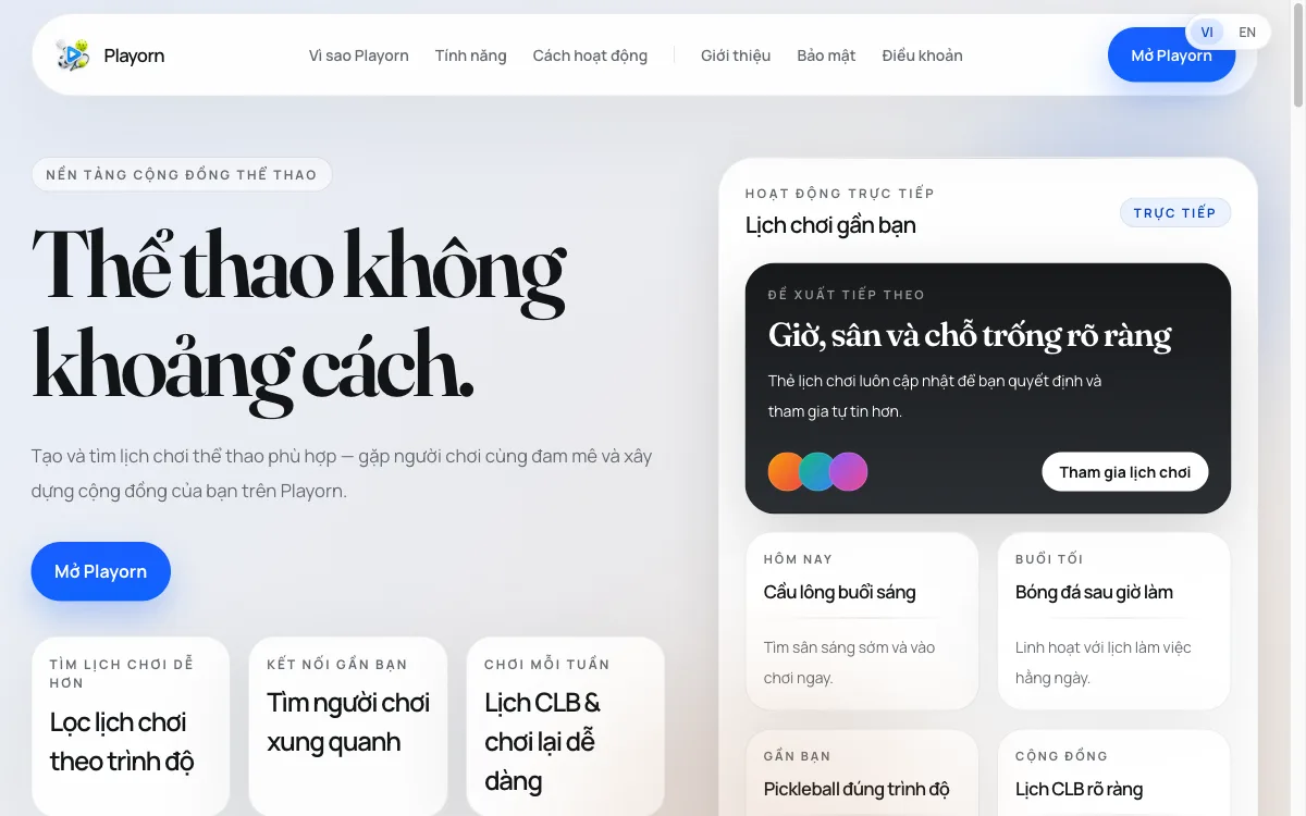 Trang chủ Playorn — tìm lịch chơi thể thao gần bạn